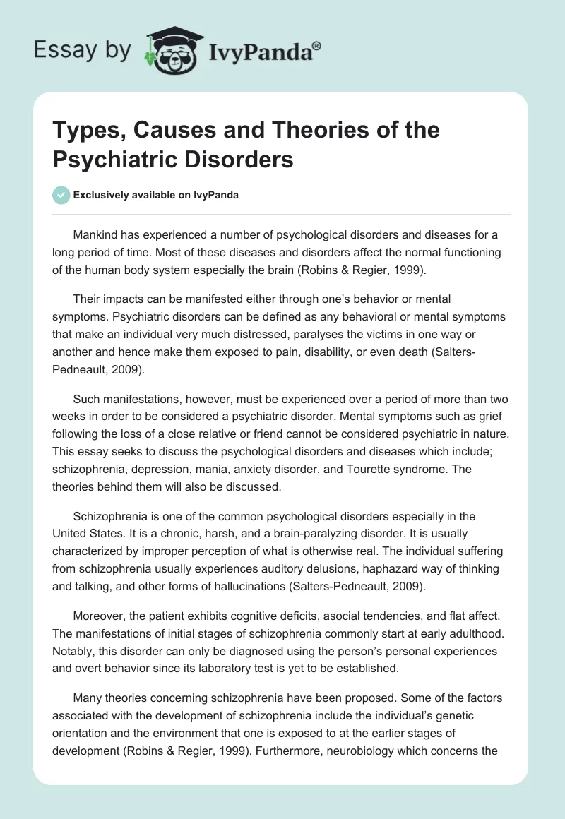 Types, Causes and Theories of the Psychiatric Disorders . Page 1