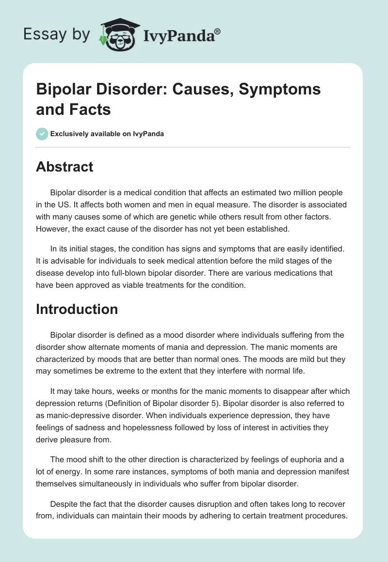 Bipolar Disorder: Causes, Symptoms and Facts. Page 1