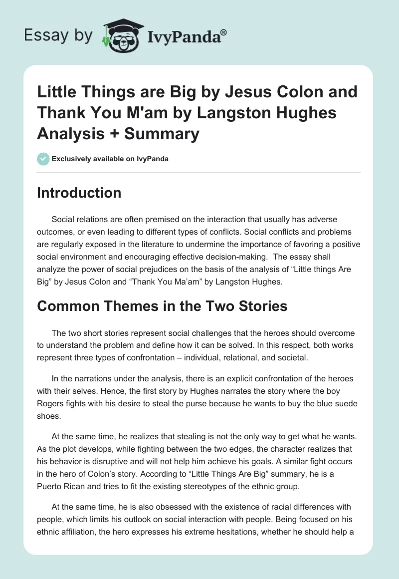 Little Things are Big by Jesus Colon and Thank You M'am by Langston Hughes Analysis + Summary. Page 1