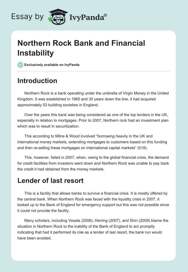 Northern Rock Bank and Financial Instability. Page 1