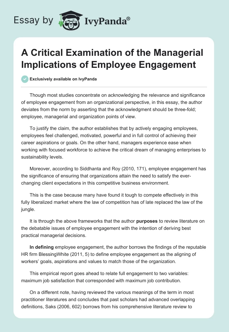 A Critical Examination of the Managerial Implications of Employee Engagement. Page 1