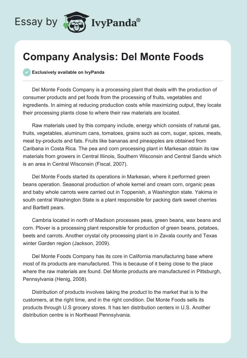 Company Analysis: Del Monte Foods. Page 1
