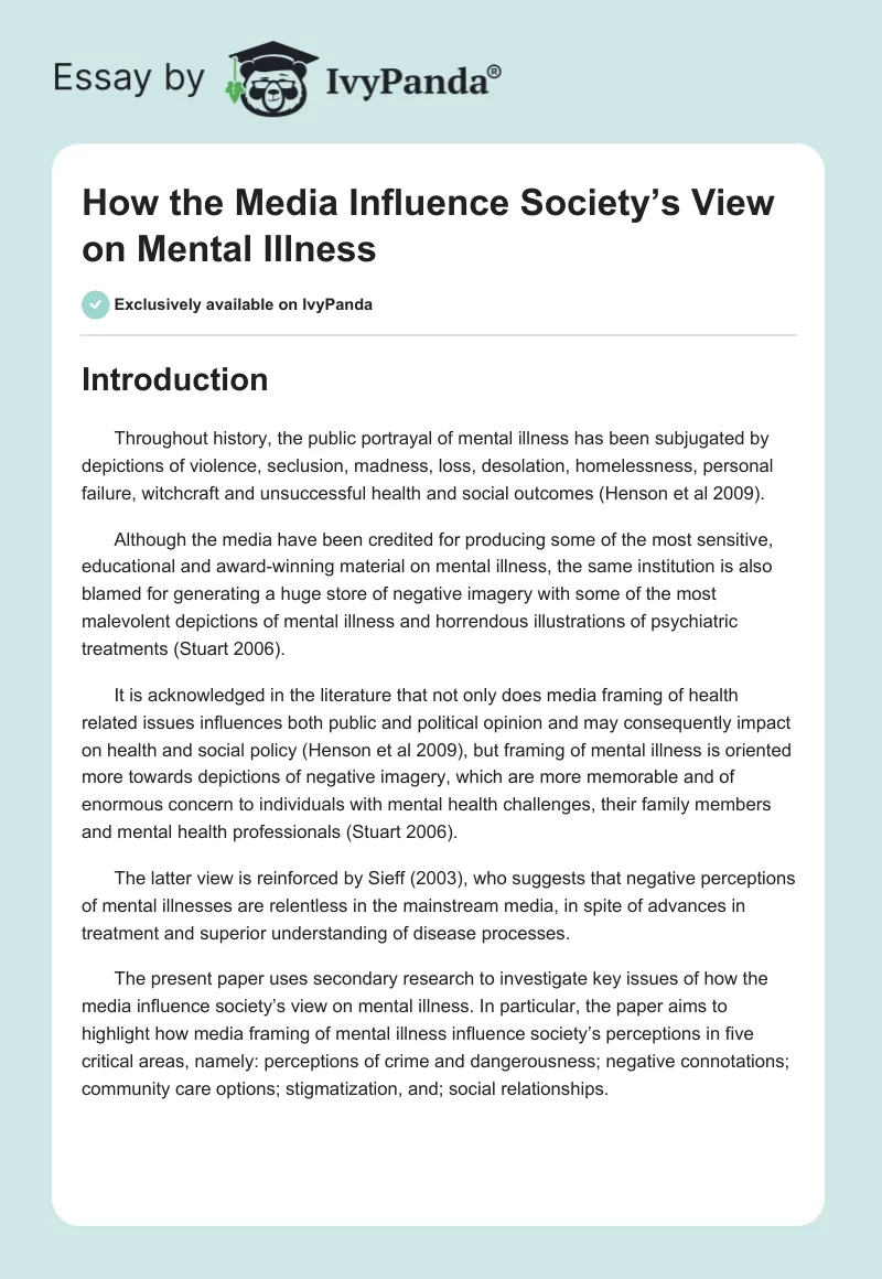 How the Media Influence Society’s View on Mental Illness. Page 1