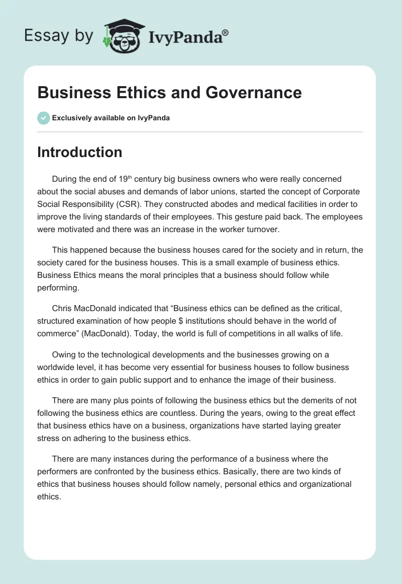 Business Ethics and Governance. Page 1