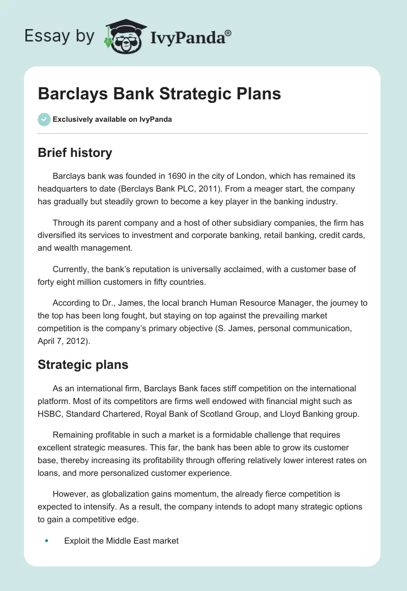 Barclays Bank Strategic Plans. Page 1