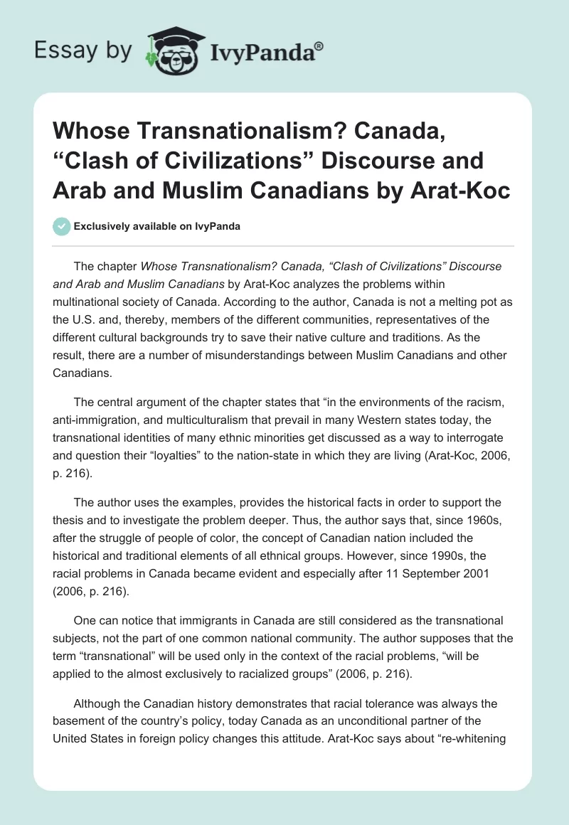 Whose Transnationalism? Canada, “Clash of Civilizations” Discourse and Arab and Muslim Canadians by Arat-Koc. Page 1