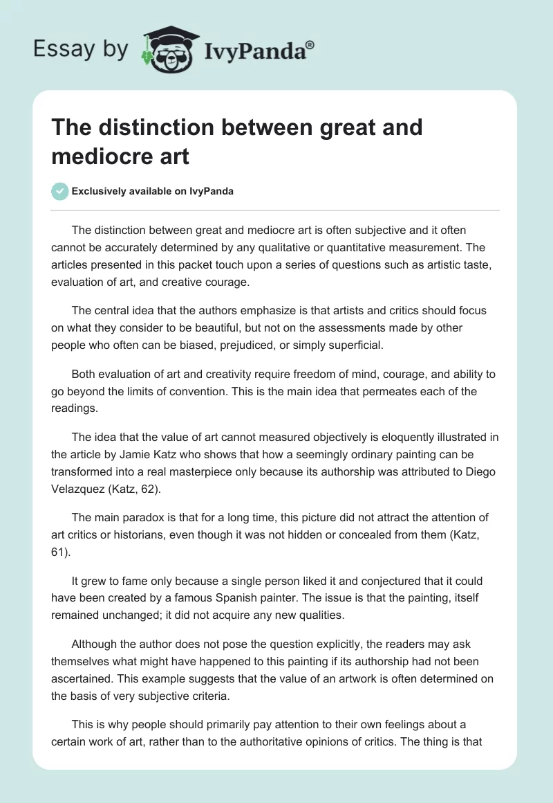 The distinction between great and mediocre art. Page 1