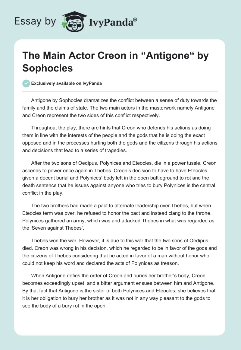 The Main Actor Creon in “Antigone“ by Sophocles. Page 1