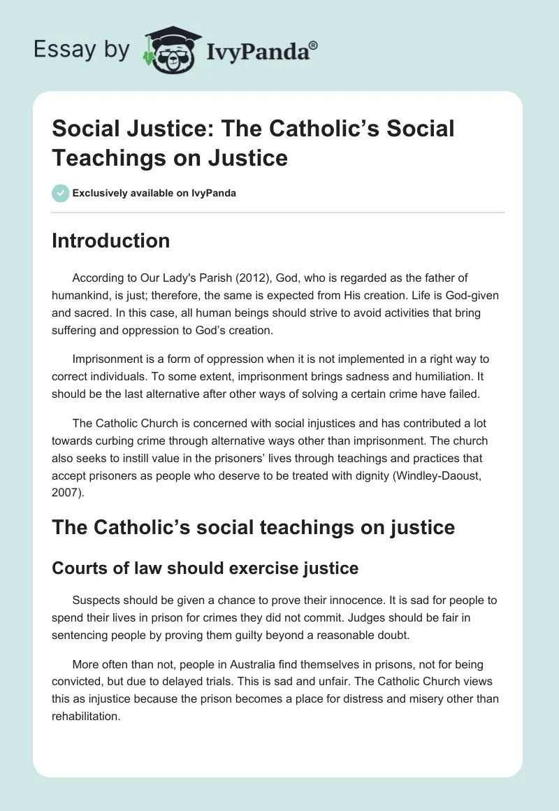 Social Justice: The Catholic’s Social Teachings on Justice. Page 1
