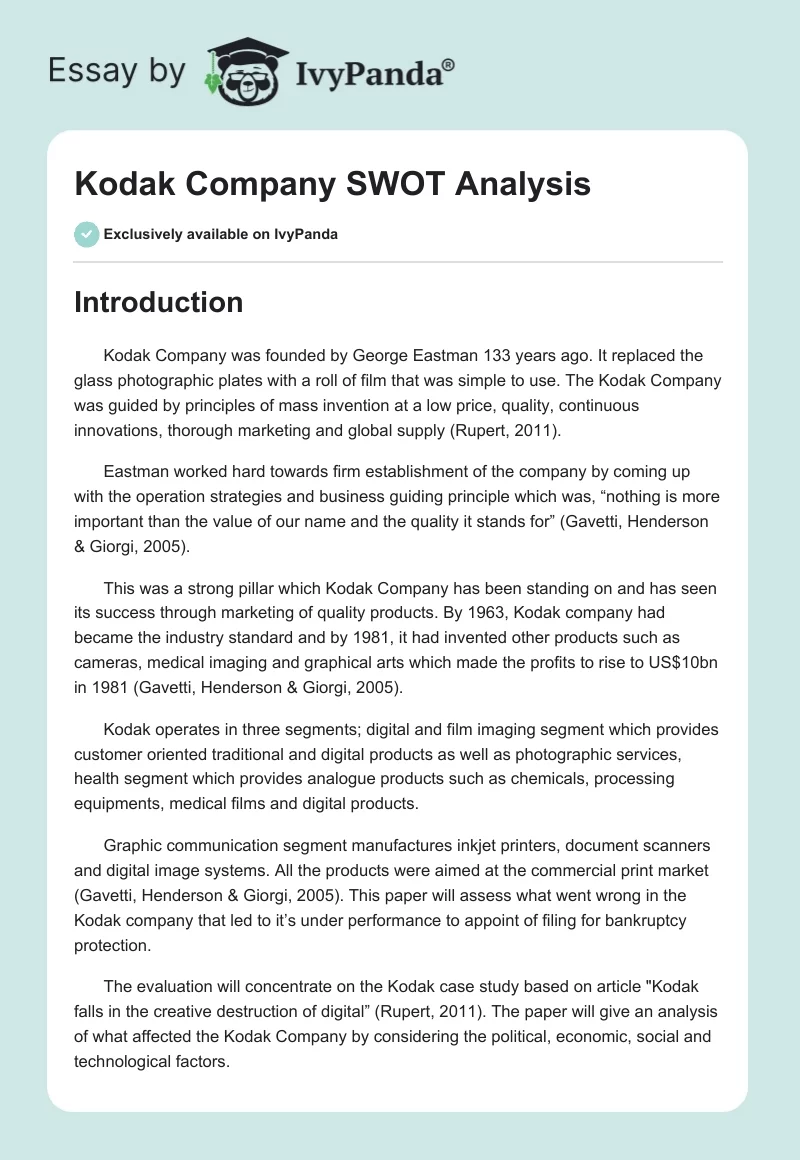 Kodak Company SWOT Analysis. Page 1
