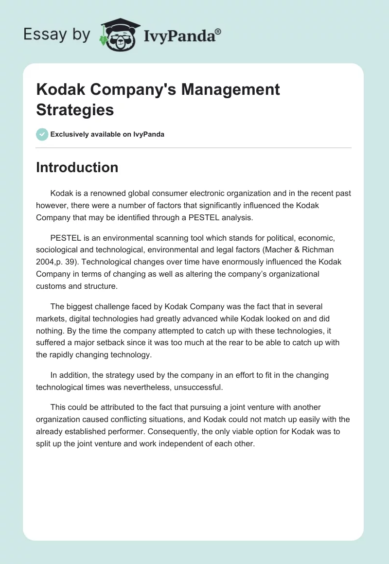 Kodak Company's Management Strategies. Page 1