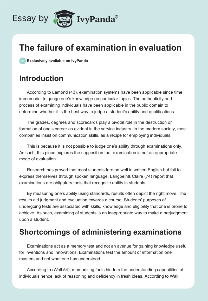 The failure of examination in evaluation. Page 1