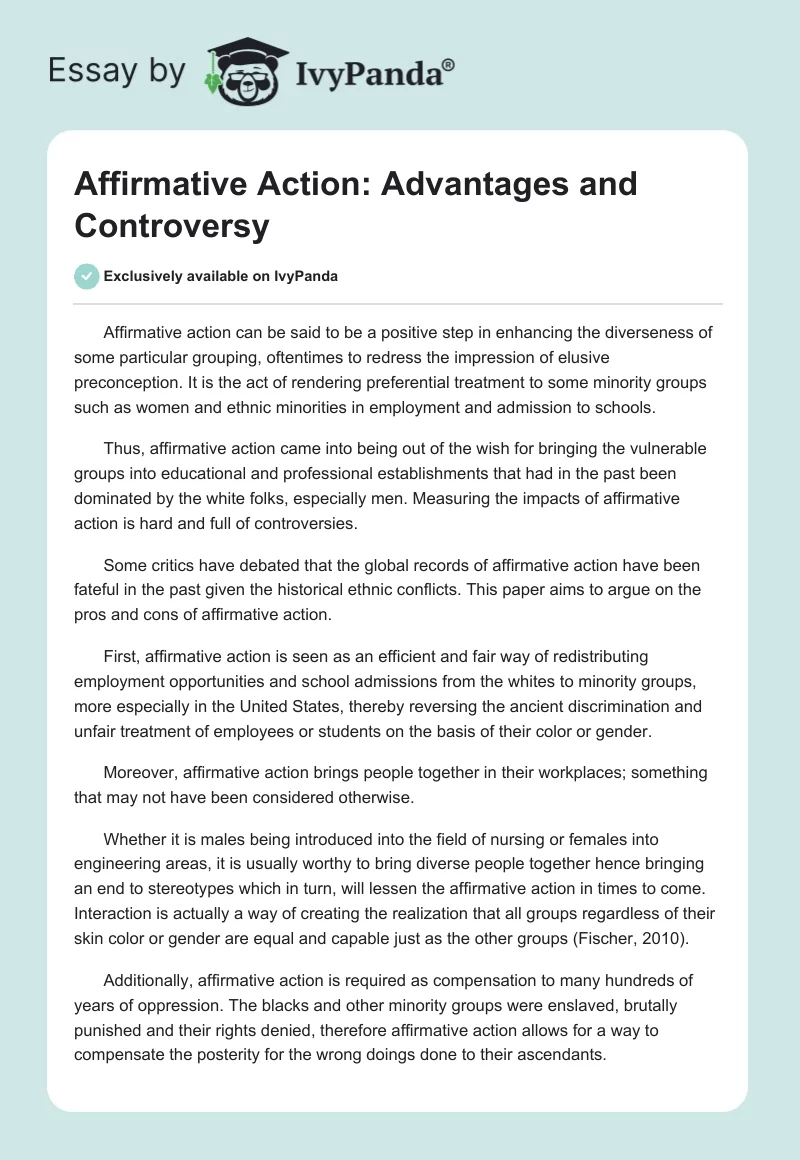 Affirmative Action: Advantages and Controversy. Page 1