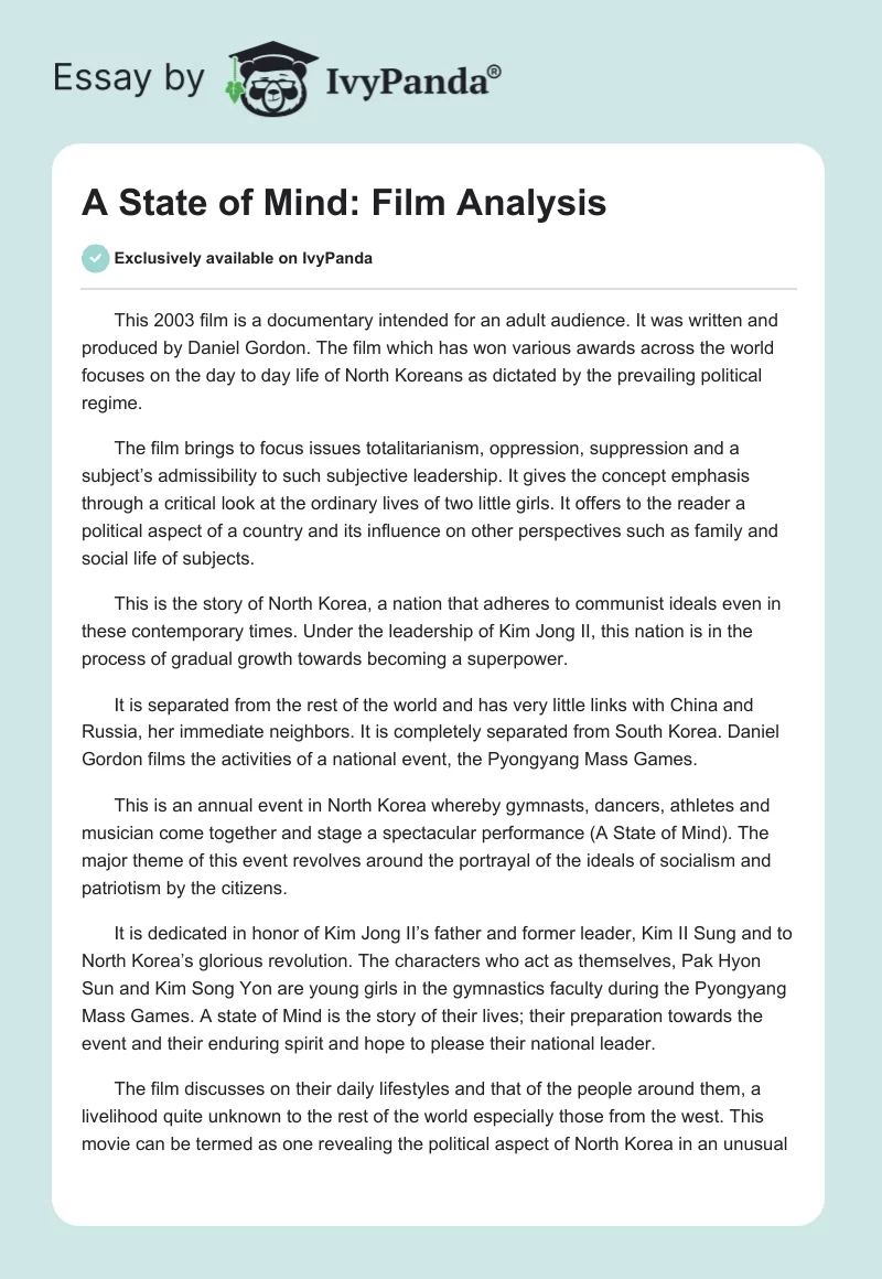 A State of Mind: Film Analysis. Page 1