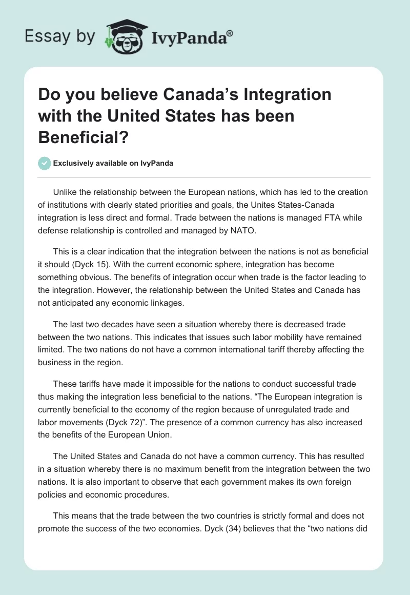 Do you believe Canada’s Integration with the United States has been Beneficial?. Page 1