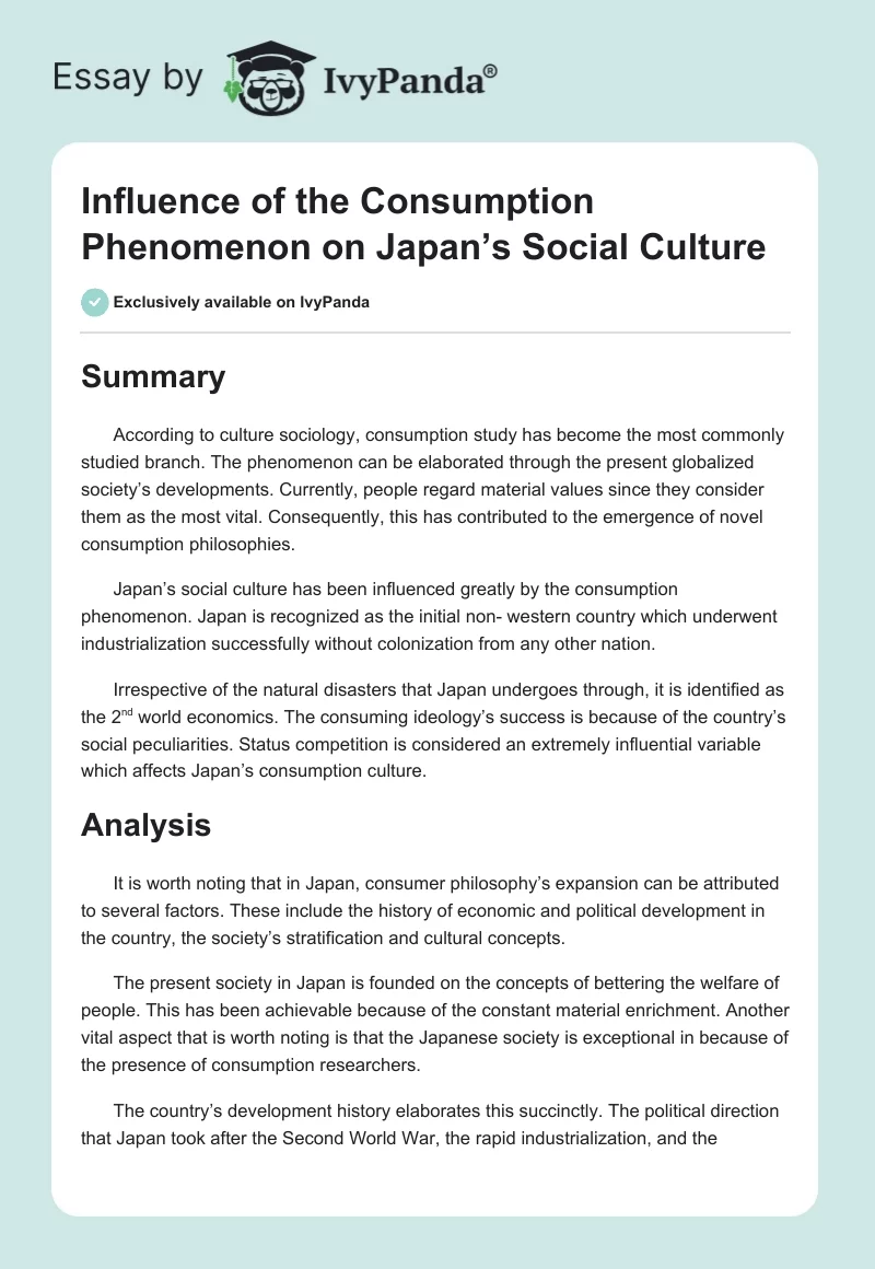 Influence of the Consumption Phenomenon on Japan’s Social Culture. Page 1