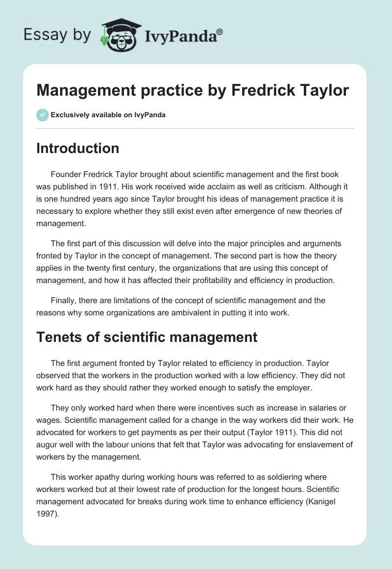 Management practice by Fredrick Taylor. Page 1
