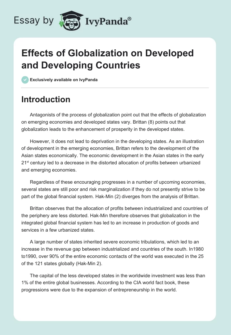 Effects of Globalization on Developed and Developing Countries. Page 1