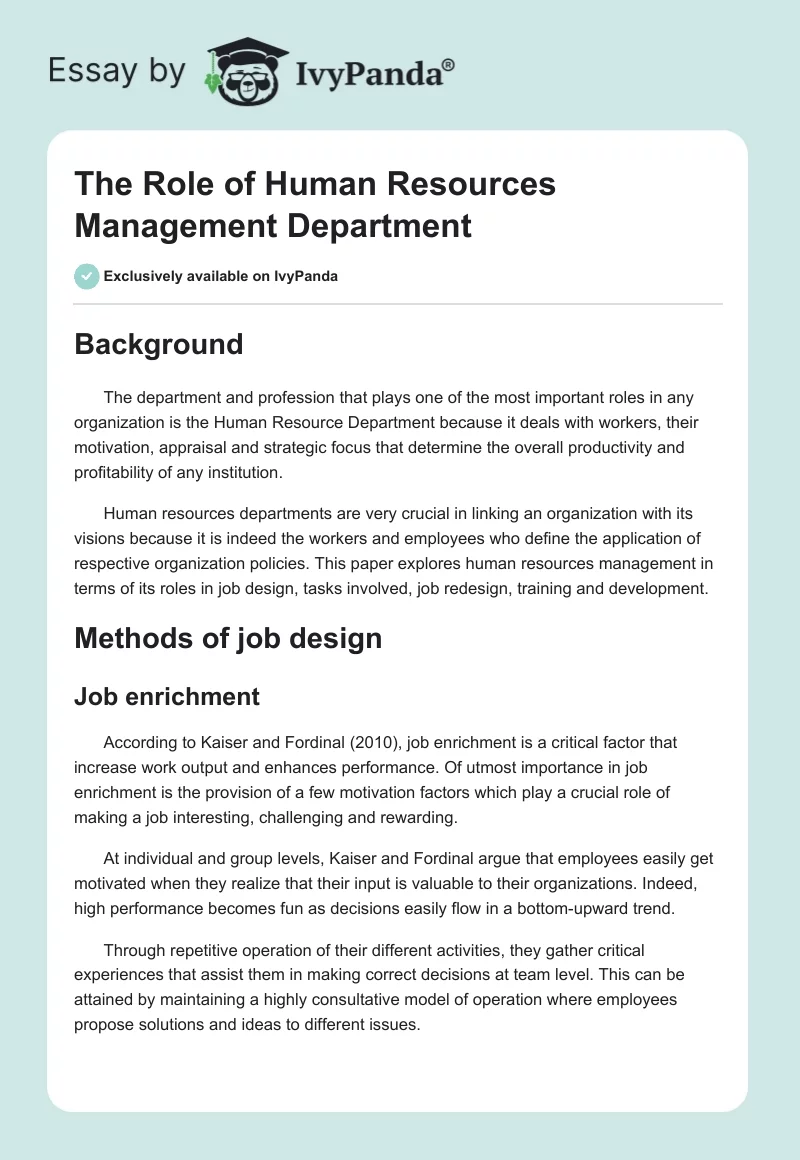 The Role of Human Resources Management Department. Page 1