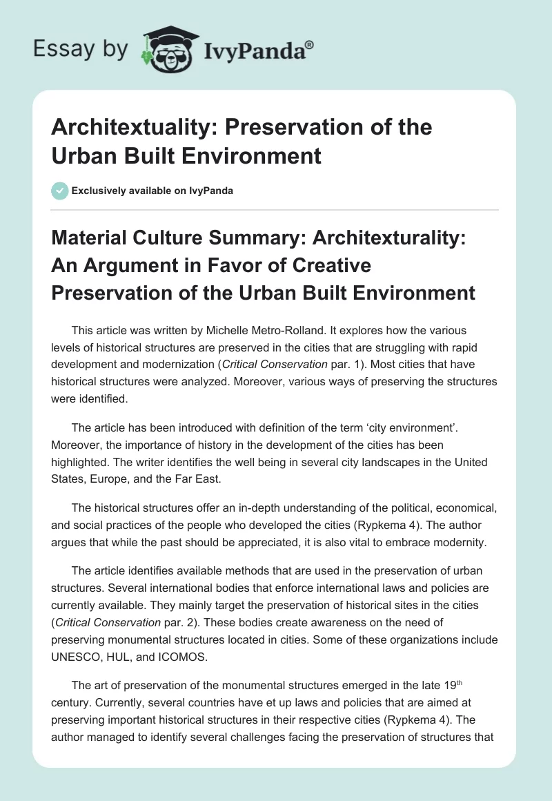 Architextuality: Preservation of the Urban Built Environment. Page 1