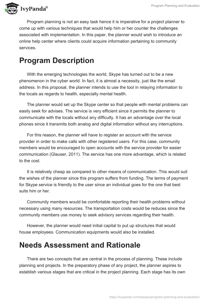 Program Planning and Evaluation. Page 2