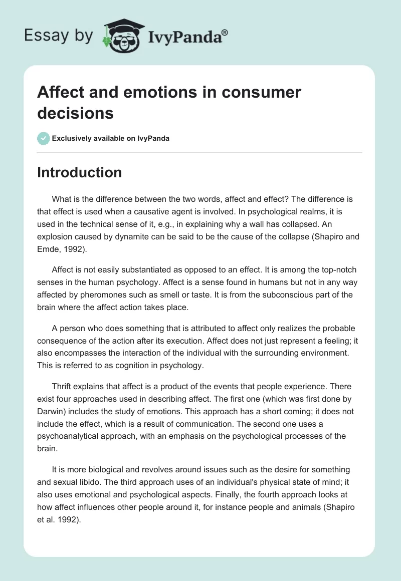 Affect and emotions in consumer decisions. Page 1