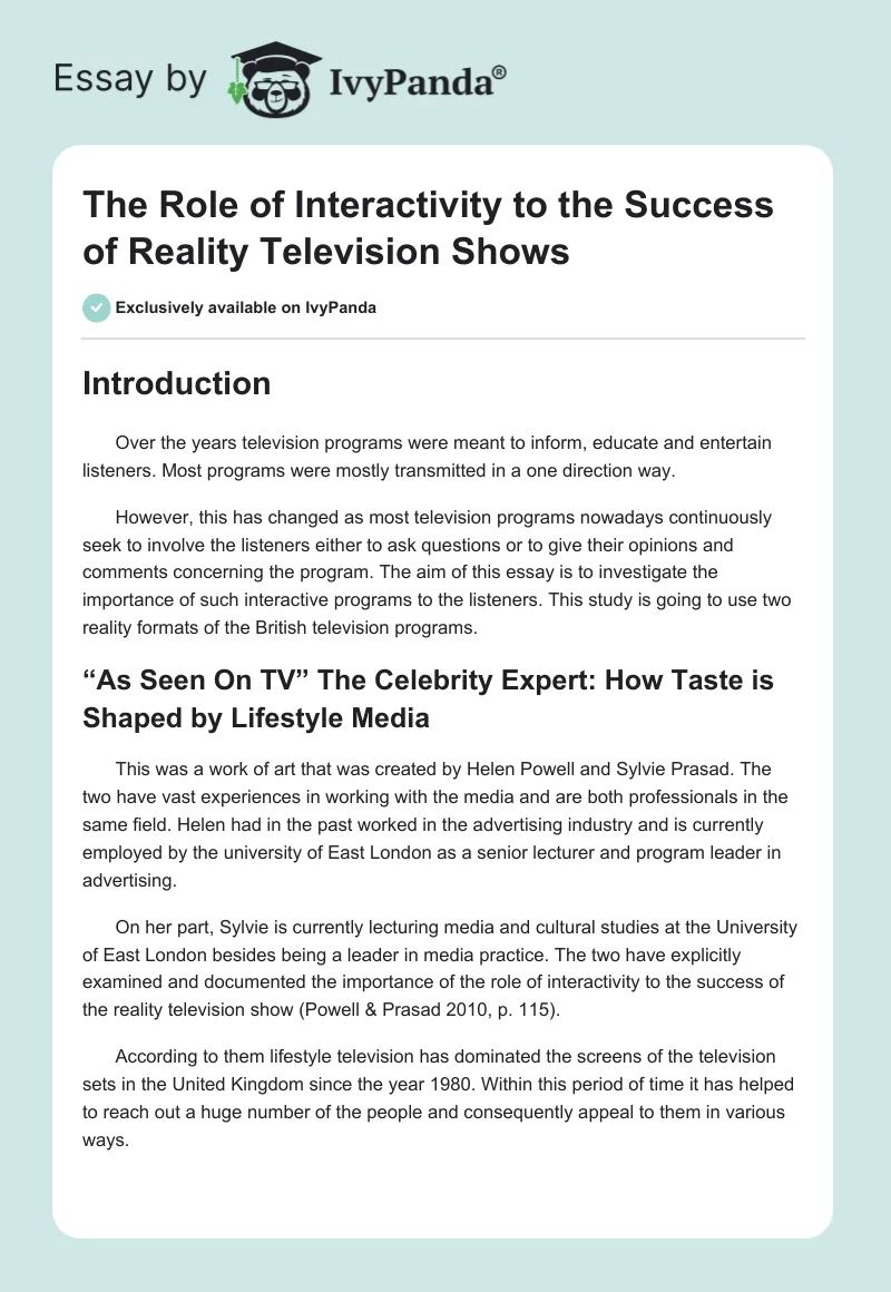 The Role of Interactivity to the Success of Reality Television Shows. Page 1