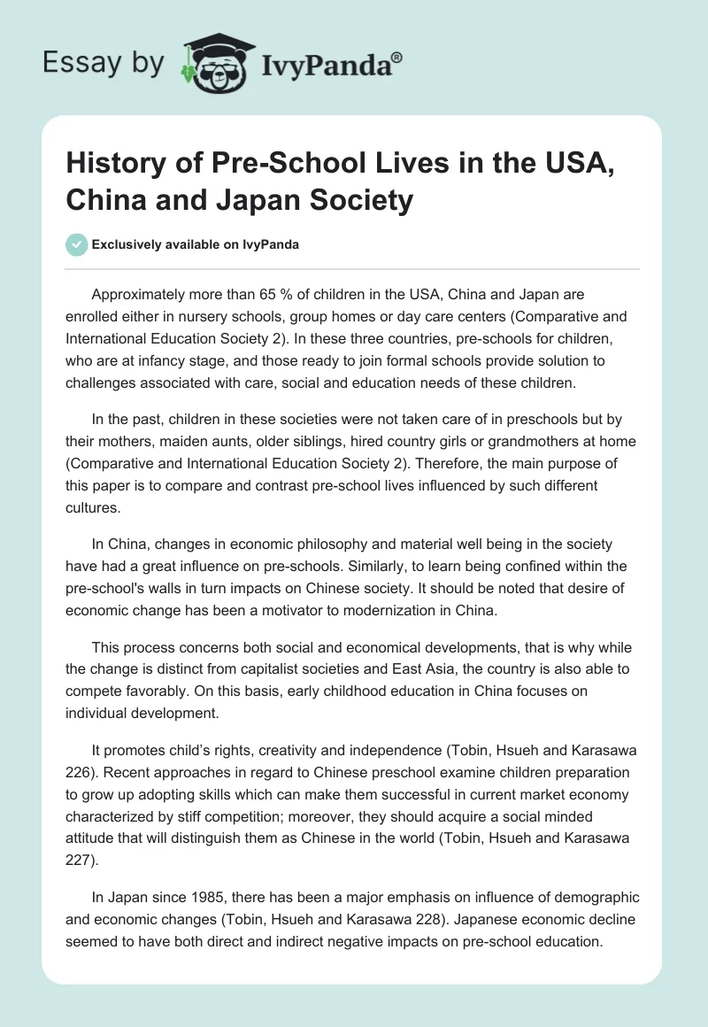 History of Pre-School Lives in the USA, China and Japan Society. Page 1