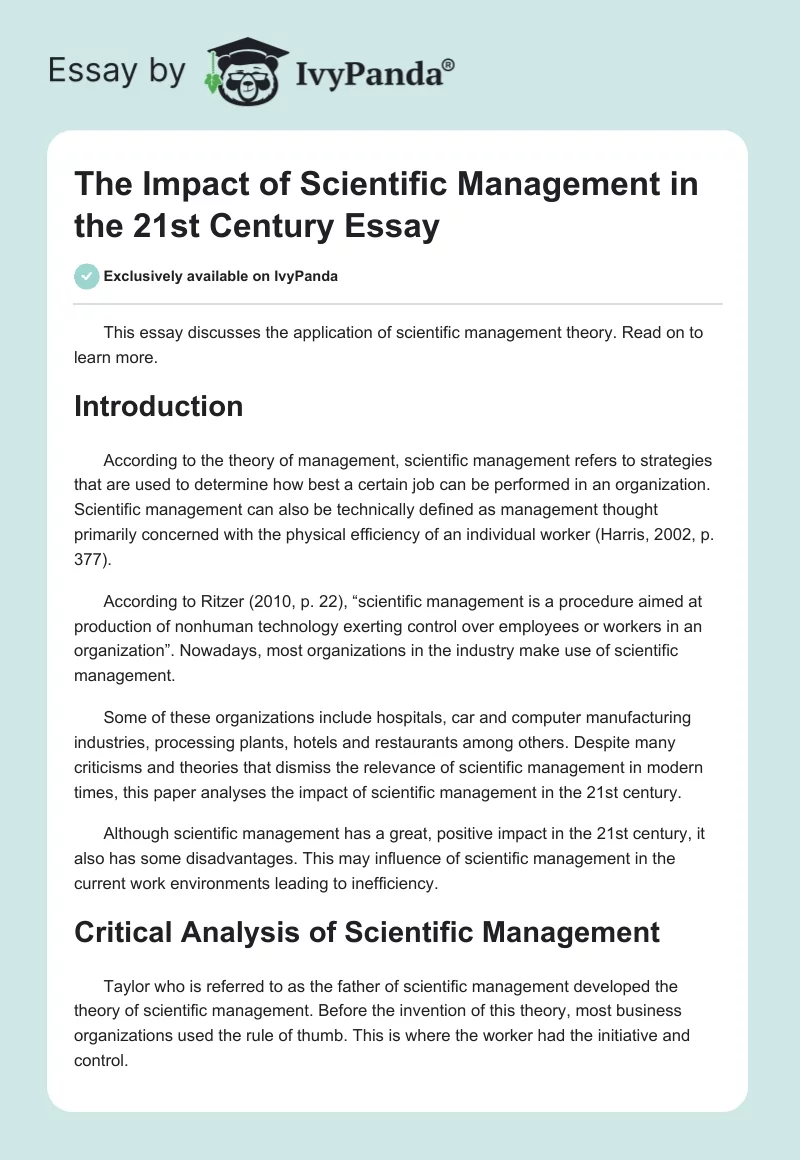 The Impact of Scientific Management in the 21st Century Essay. Page 1