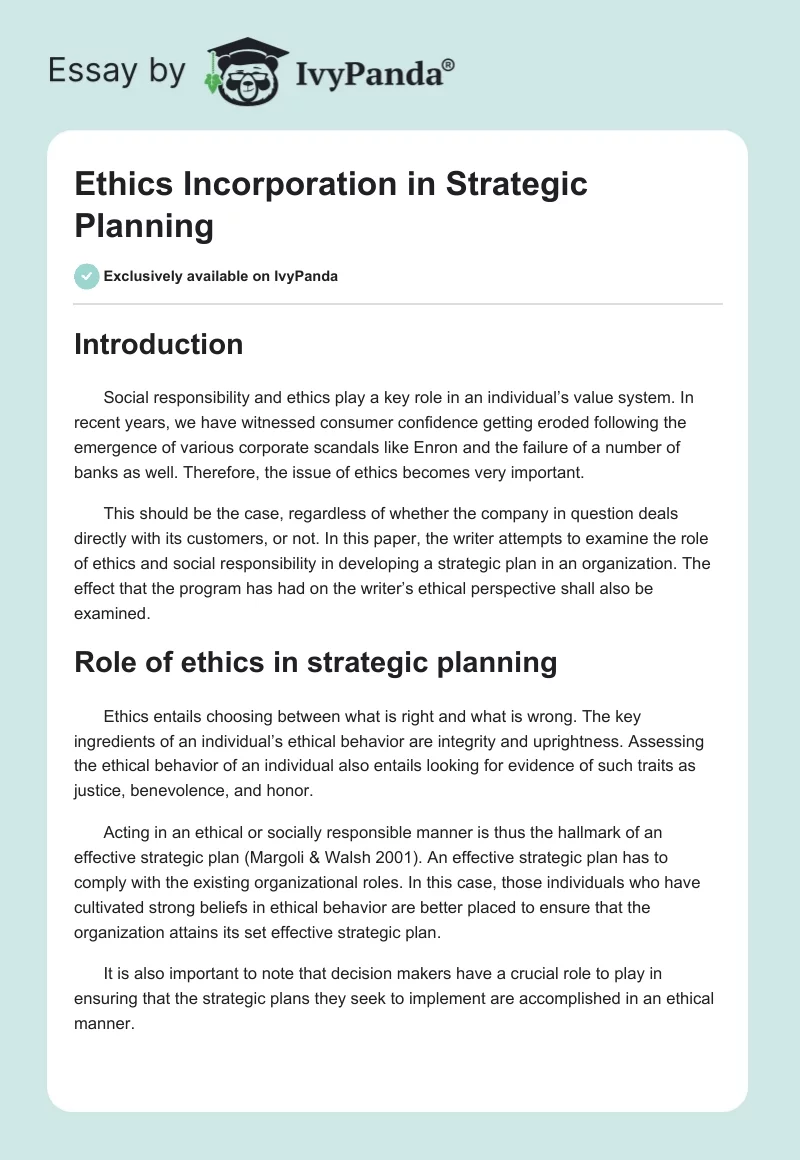 Ethics Incorporation in Strategic Planning. Page 1