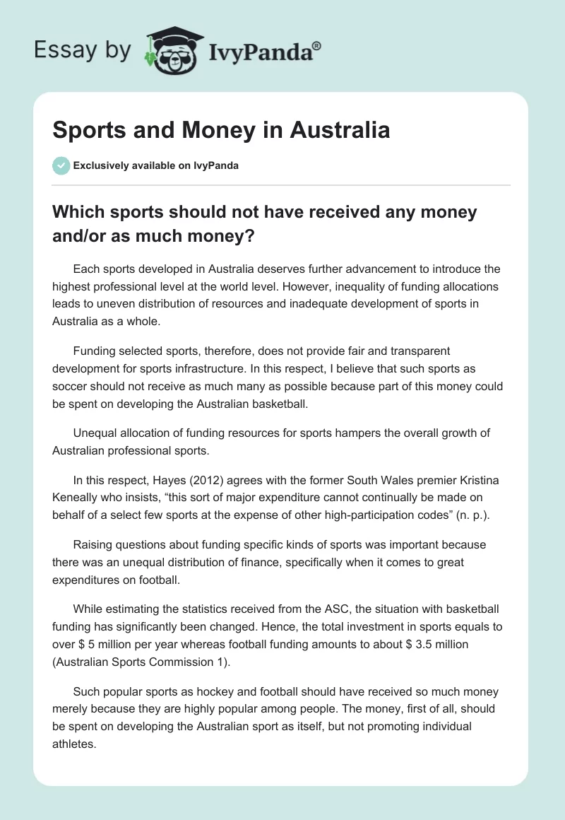 Sports and Money in Australia. Page 1