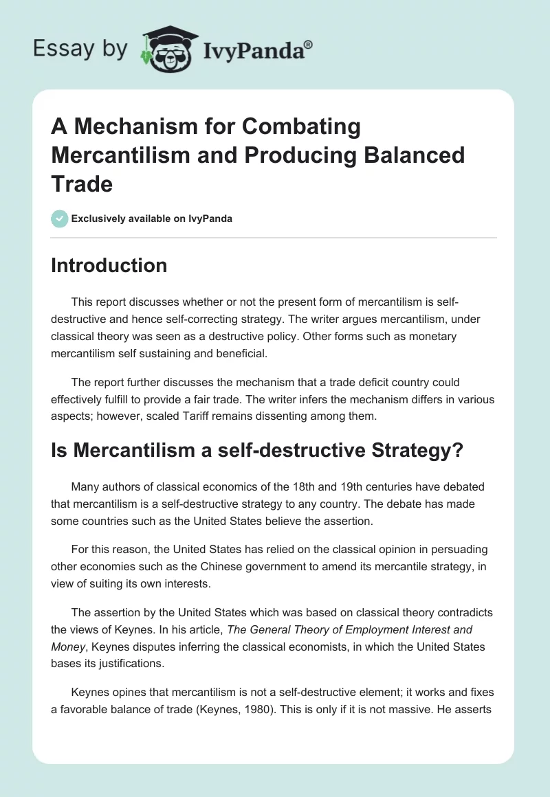 A Mechanism for Combating Mercantilism and Producing Balanced Trade. Page 1