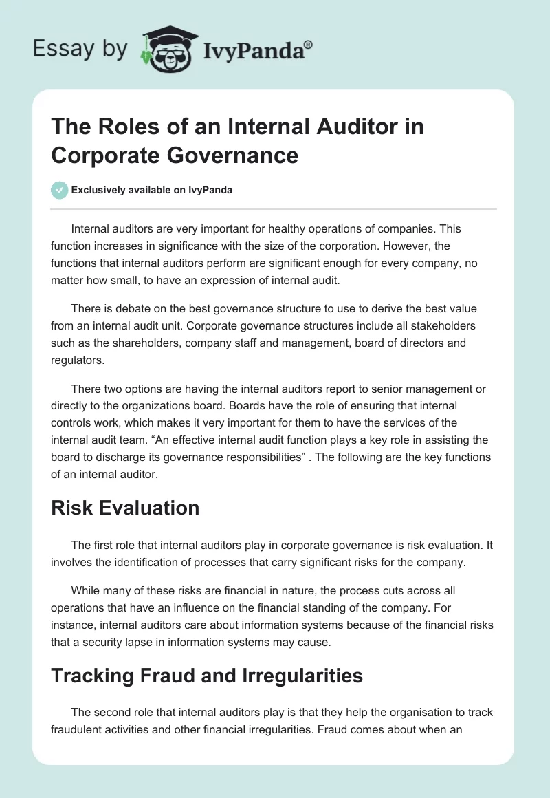 The Roles of an Internal Auditor in Corporate Governance. Page 1
