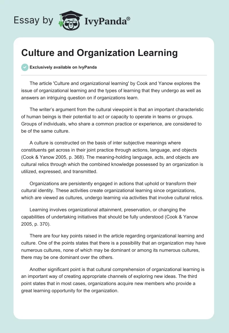 Culture and Organization Learning. Page 1