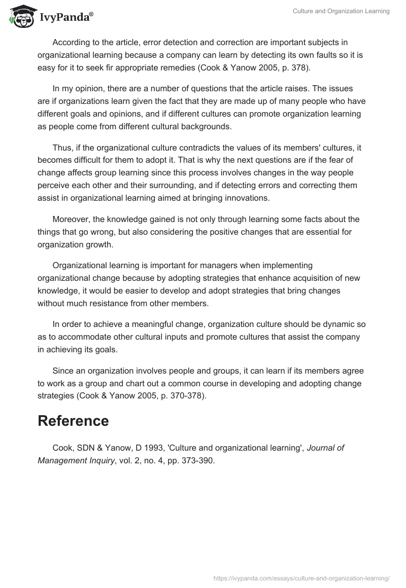 Culture and Organization Learning. Page 2