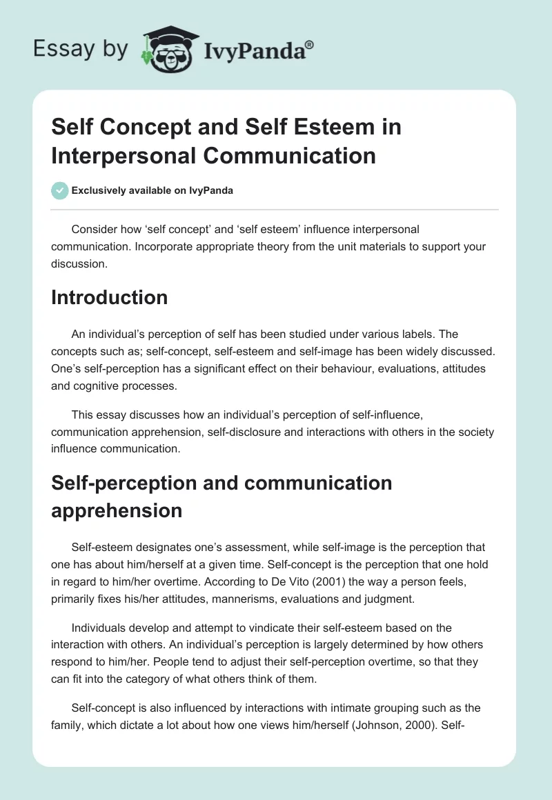Self Concept and Self Esteem in Interpersonal Communication. Page 1
