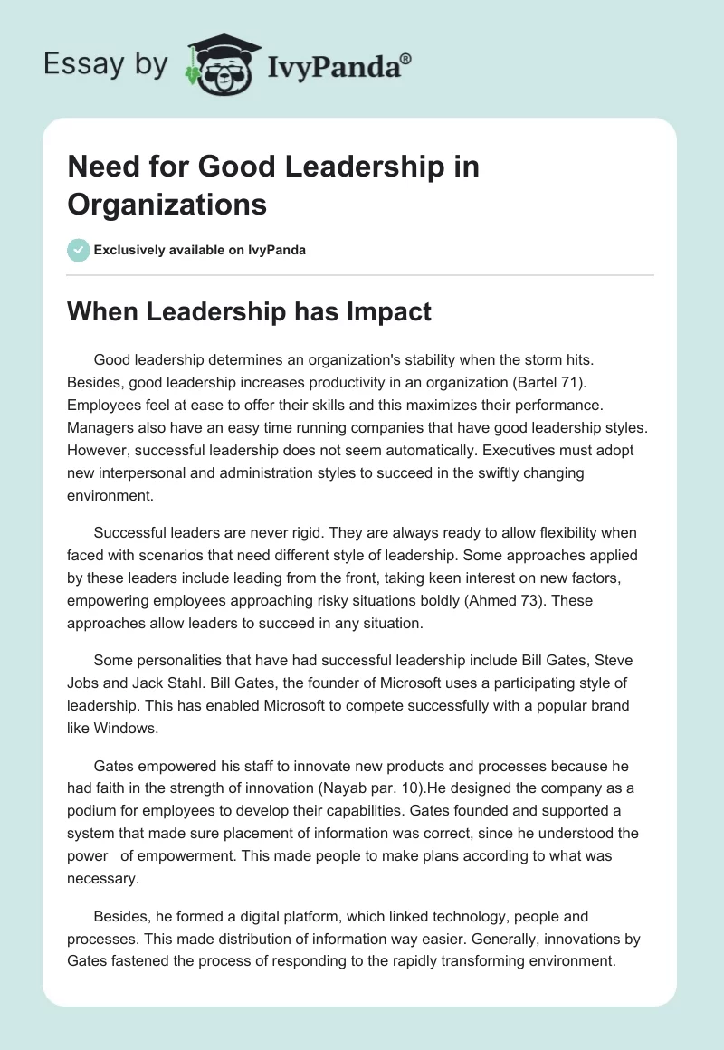 Need for Good Leadership in Organizations. Page 1