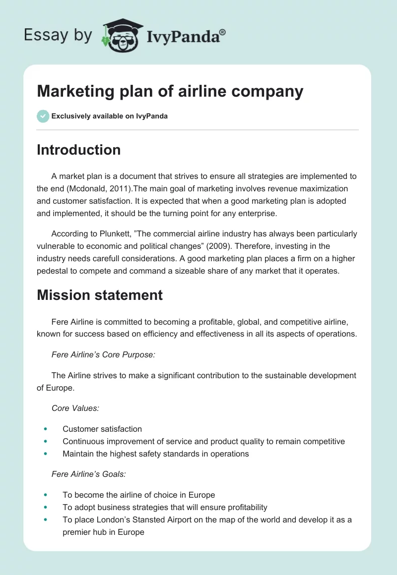 Marketing Plan of Airline Company. Page 1