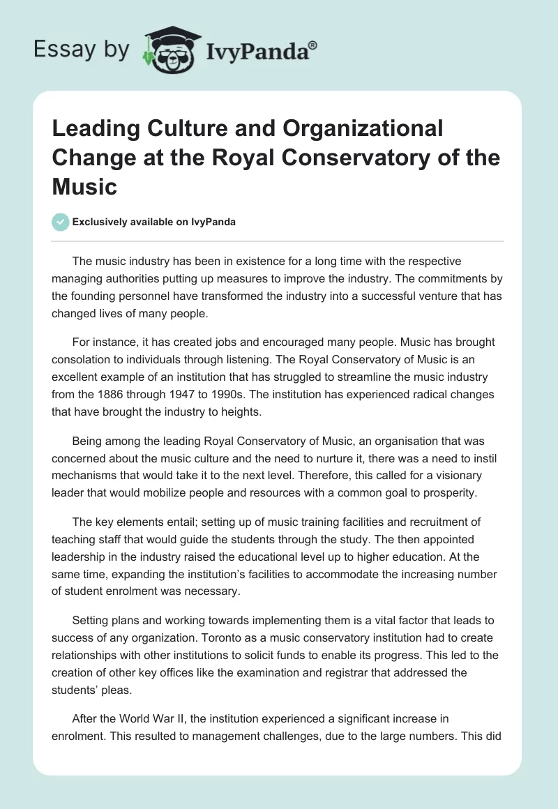 Leading Culture and Organizational Change at the Royal Conservatory of the Music. Page 1
