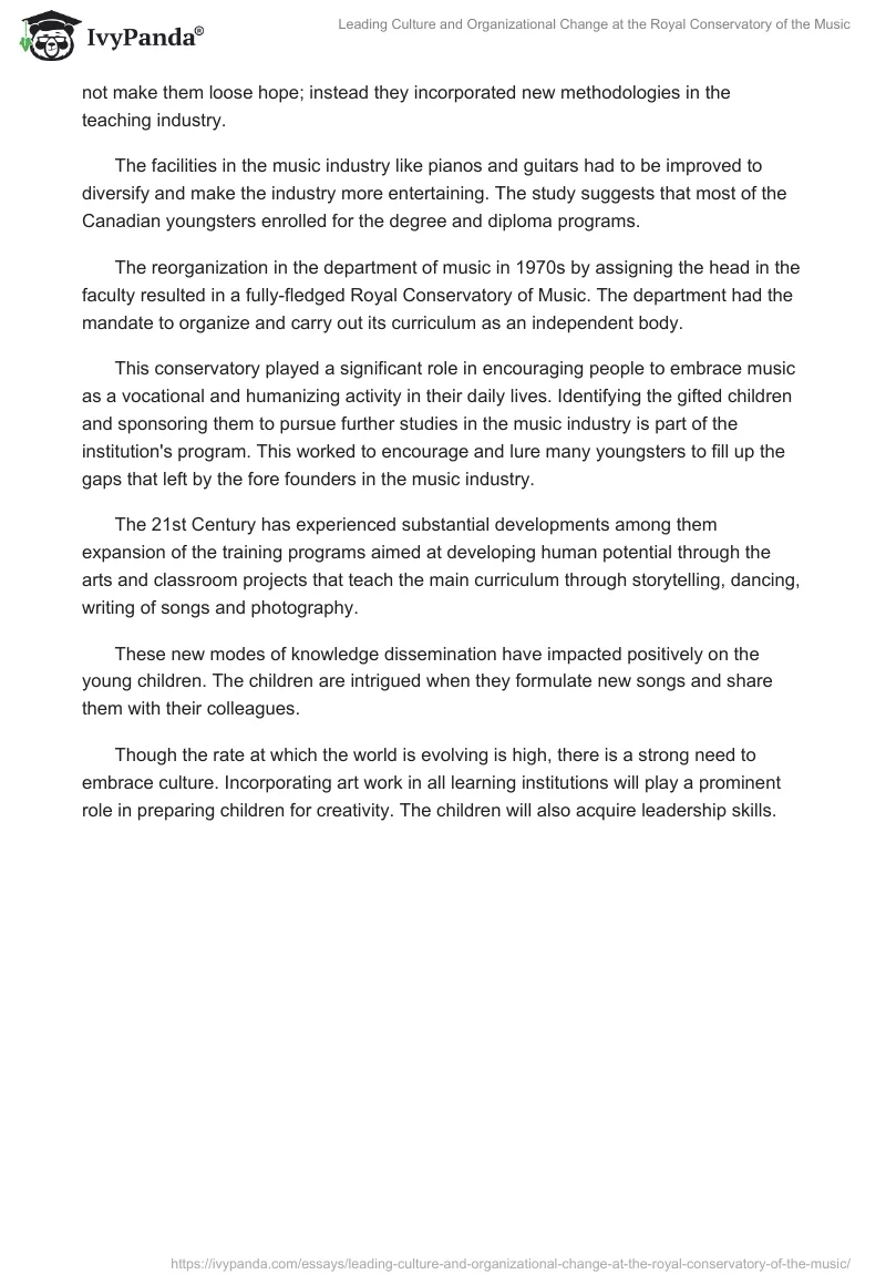 Leading Culture and Organizational Change at the Royal Conservatory of the Music. Page 2
