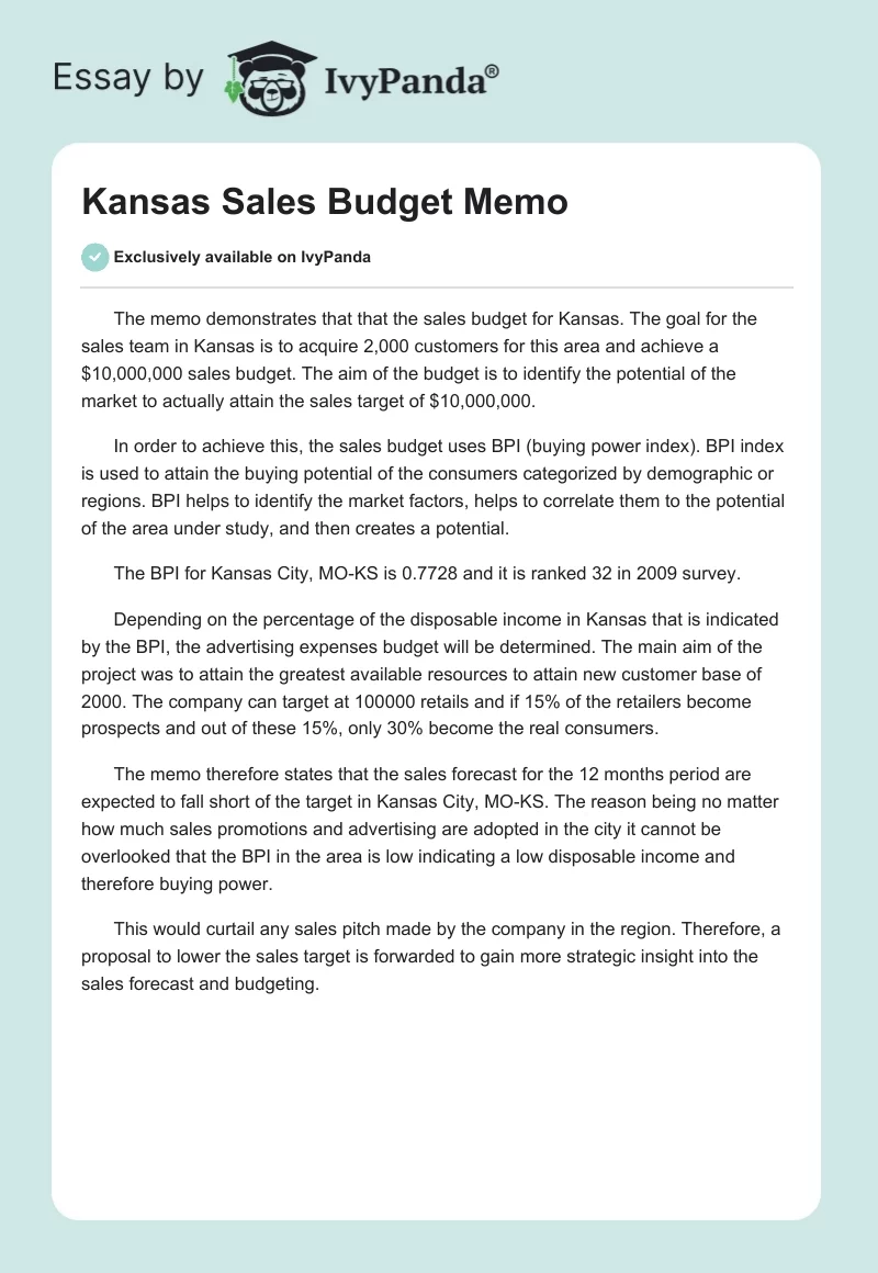 Kansas Sales Budget Memo. Page 1