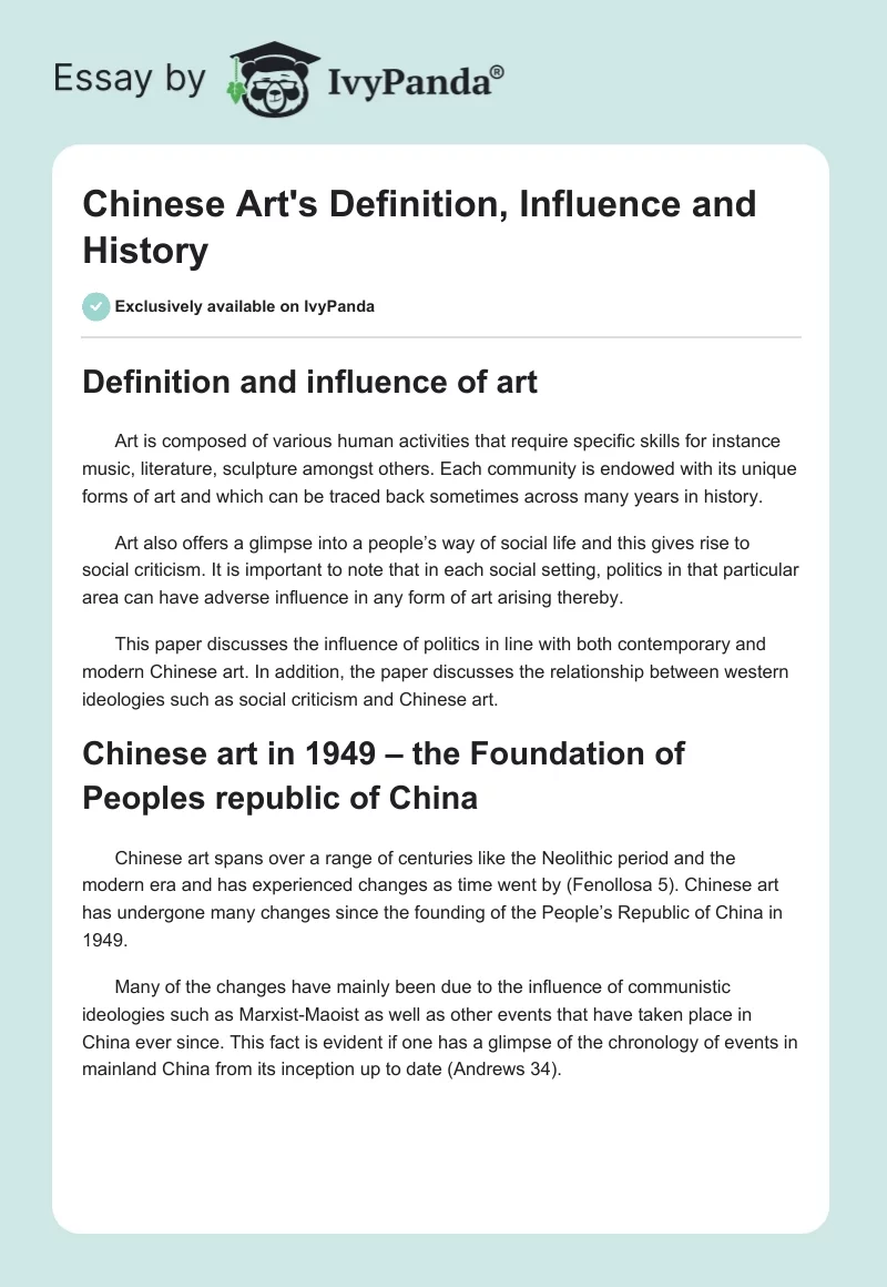 Chinese Art's Definition, Influence and History. Page 1