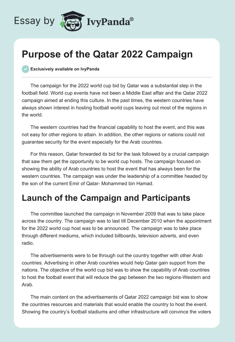 Purpose of the Qatar 2022 Campaign. Page 1