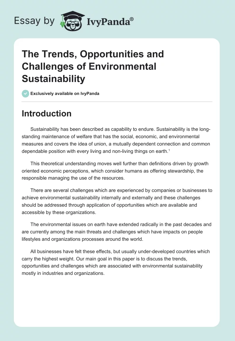 The Trends, Opportunities and Challenges of Environmental Sustainability. Page 1