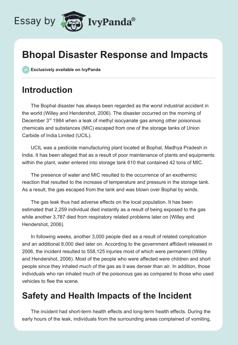 Bhopal Disaster Response and Impacts. Page 1
