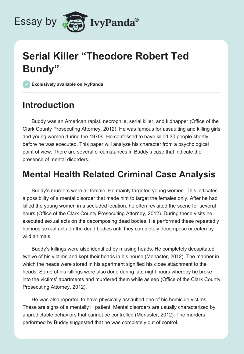 Serial Killer “Theodore Robert "Ted" Bundy”. Page 1