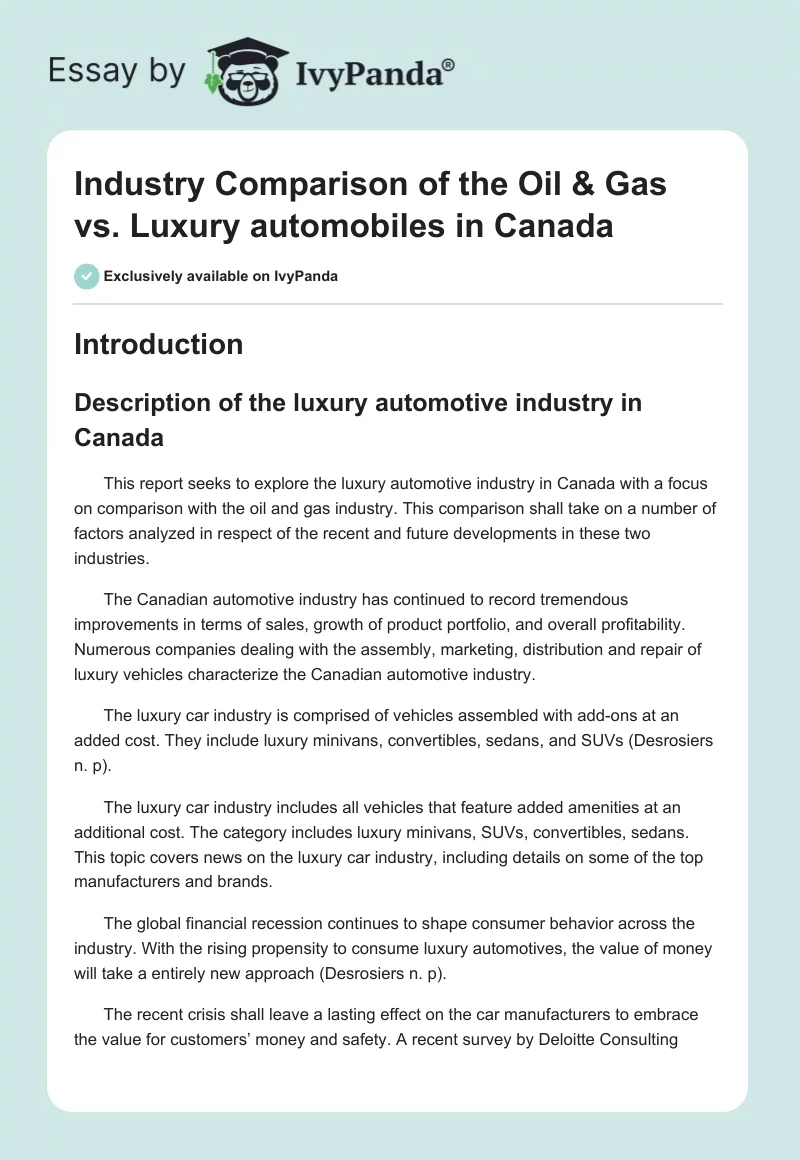 Industry Comparison of the Oil & Gas vs. Luxury automobiles in Canada. Page 1