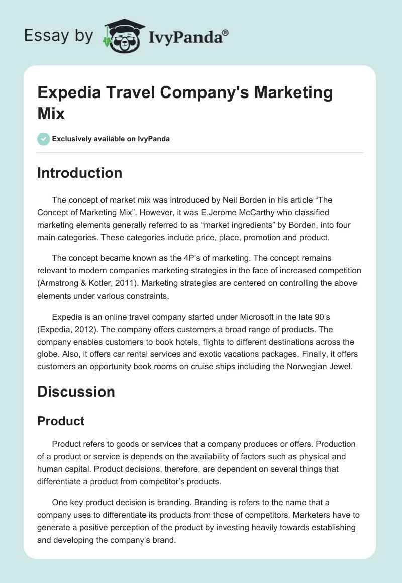 Expedia Travel Company's Marketing Mix. Page 1