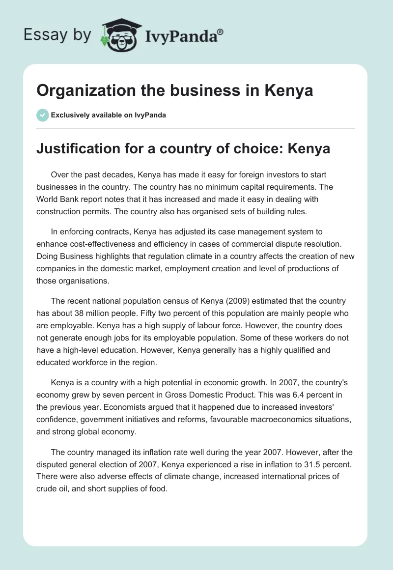 Organization the business in Kenya. Page 1