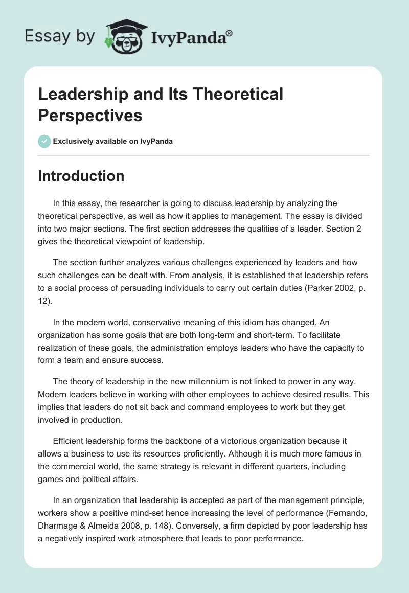 Leadership and Its Theoretical Perspectives. Page 1